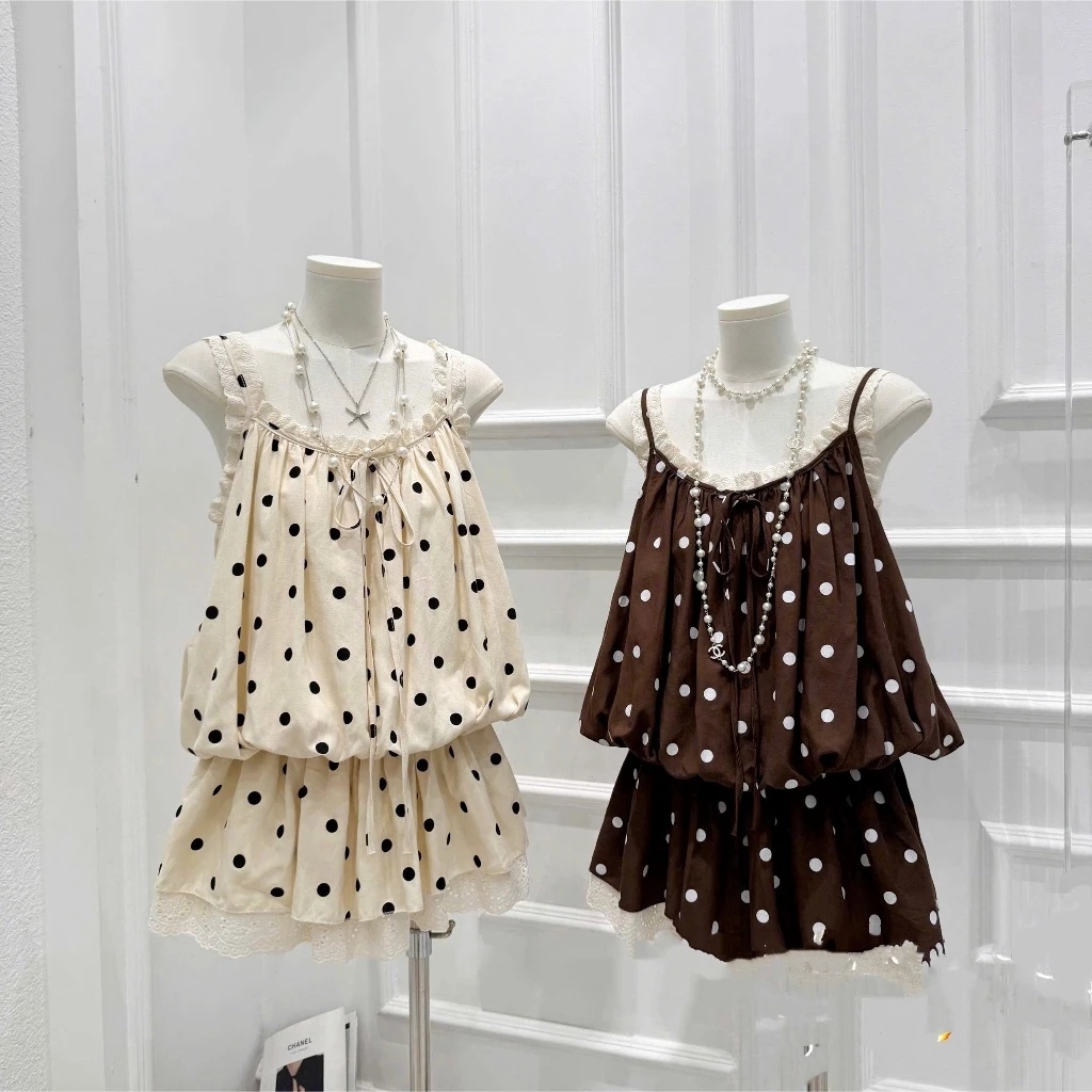 (Sẵn Hỏa Tốc) Váy 2 dây chấm bi phối viền ren, jum chấm bi 2 lớp bí phồng chân váy tầng