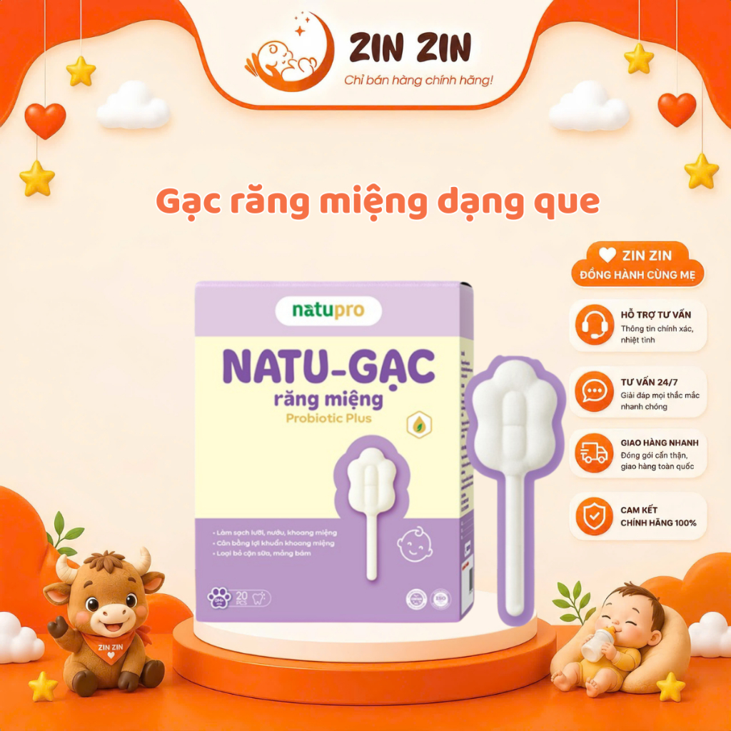 Gạc rơ lưỡi lợi khuẩn Natu - Gac plus cho bé – sạch miệng - an toàn - tiện lợi - giữ vệ sinh tuyệt đối cho bé..
