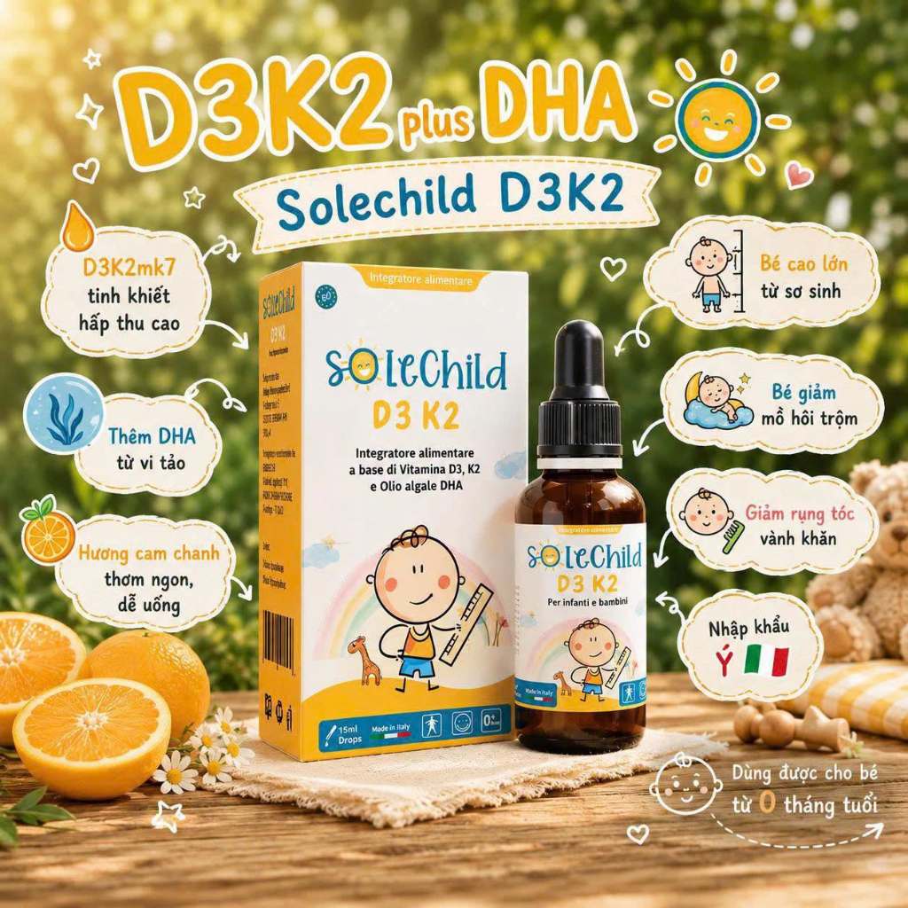 D3K2 Plus DHA Tinh Khiết Hữu Cơ Cho Bé SOLECHILD D3K2 Phát Triển Chiều Cao, Xương Răng Chắc Khỏe