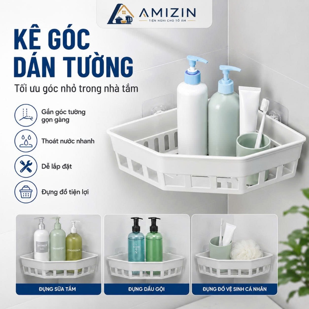 Khay tam giác dán tường Hokori Việt Nhật (5610) đựng vật dụng nhà tắm nhà bếp, Kệ đựng đồ đa năng nhựa PP cao cấp 01620