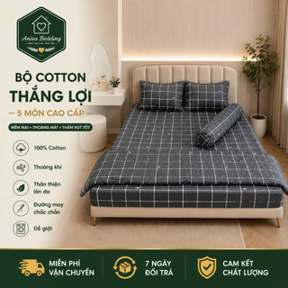 Bộ Chăn Ga Gối Cotton Thắng Lợi 5 Món Aniva Bedding Chính Hãng | Size 1m6, 1m8 | Cotton Thoáng Mát