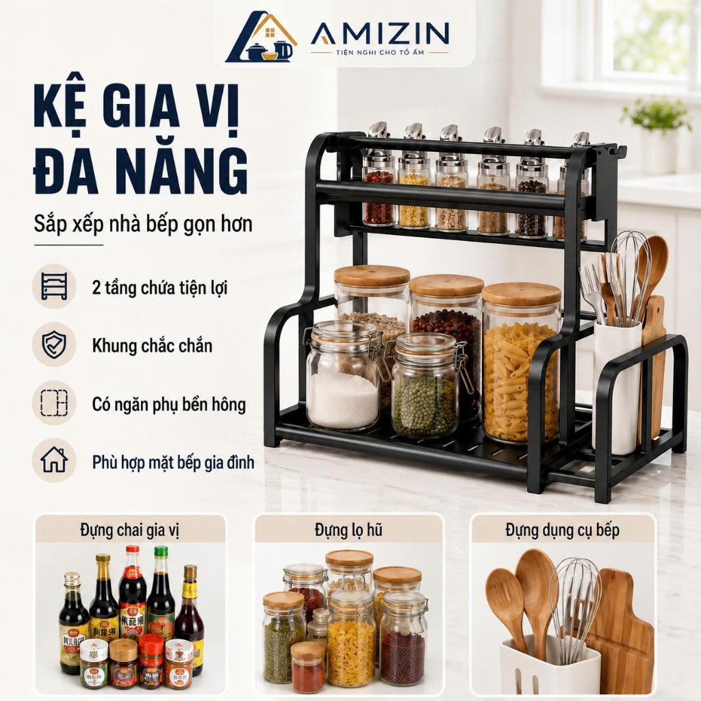 Kệ Đựng Gia Vị Nhà Bếp Chữ B, Kệ Đựng Đồ Dùng Nhà Bếp, kệ gia vị 2 tầng tiện ích