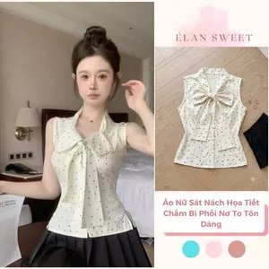 【Élan Sweet】Áo Nữ Sát Nách Họa Tiết Chấm Bi Phối Nơ To Tôn Dáng - Áo Sơ Mi Cộc Tay Retro Sang Chảnh