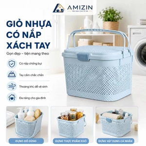 Giỏ đi sinh HOKORI nhựa VIỆT NHẬT cao cấp - Làn đan có nắp, quai xách, đựng đồ, quần áo mẹ bé - 2610 AMIZIN