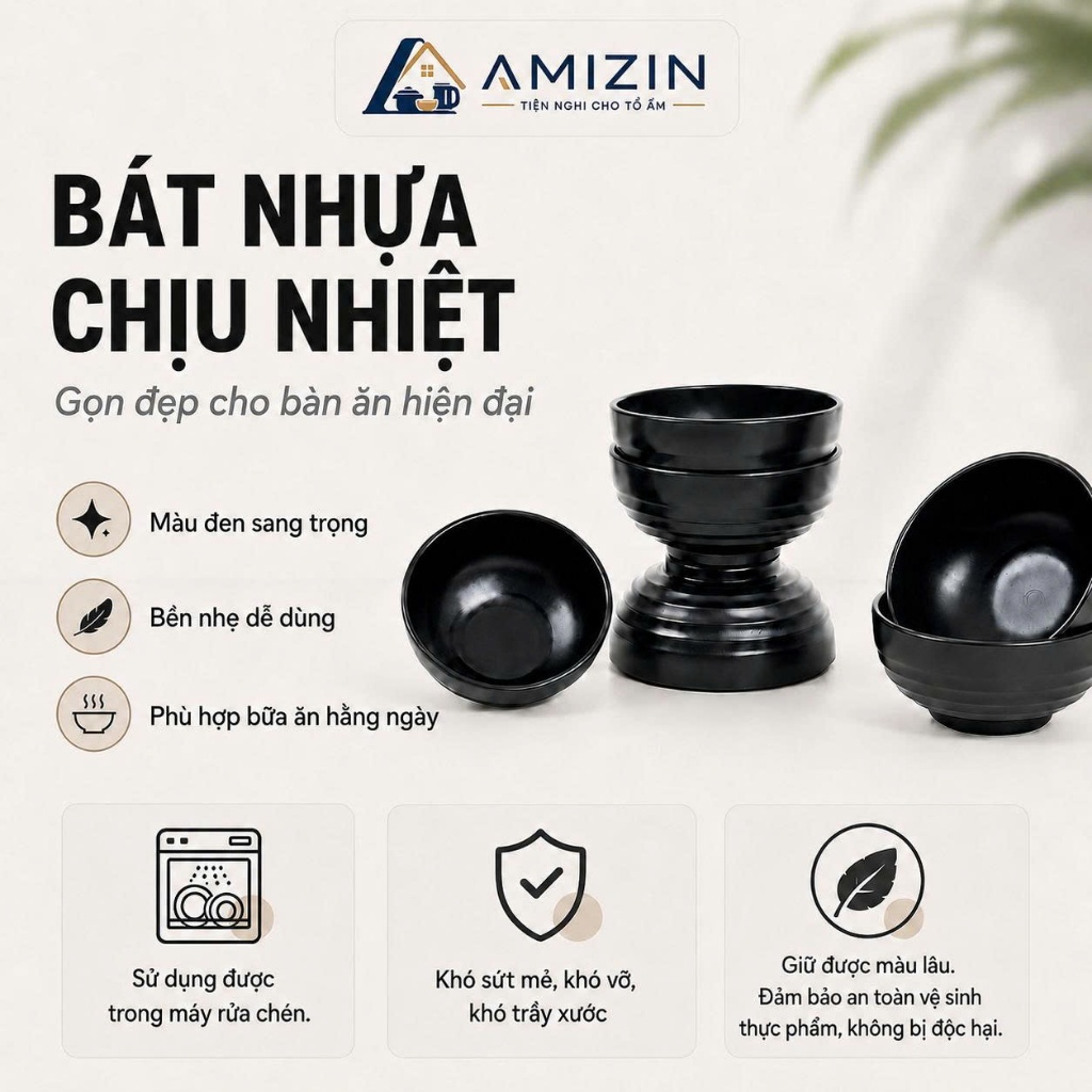 AMIZIN Bát nhựa phíp đen chịu nhiệt loại dầy đẹp nhựa cao cấp, Bát ăn cơm nhựa phíp chịu nhiệt màu đen (MS6830) AMIZIN