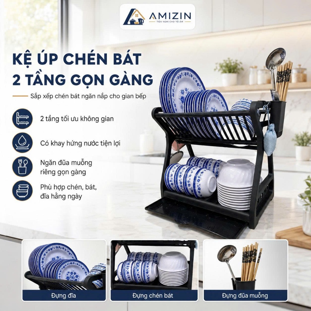 Kệ úp chén, kệ đễ bát đĩa, kệ úp ly đa năng có ống đũa, móc treo LH-3639 với thanh INOX chịu lực