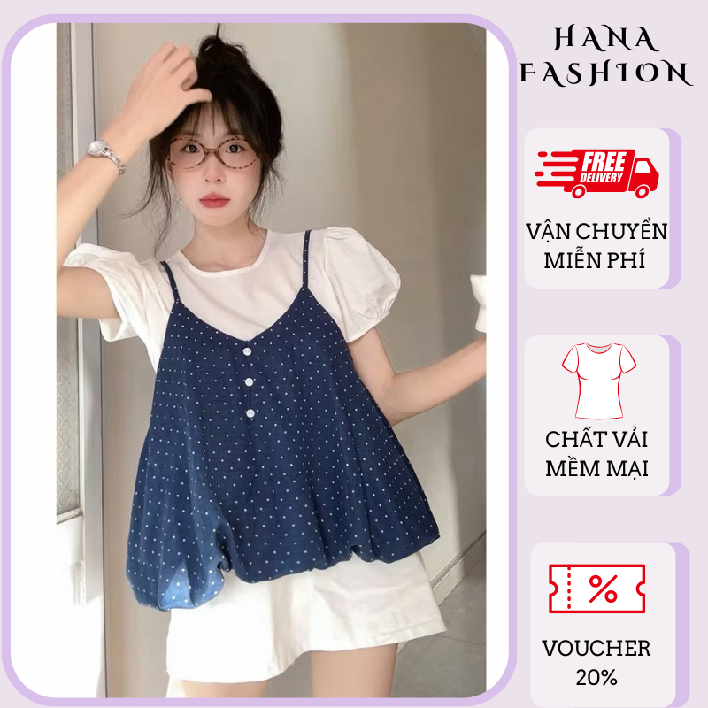 Set áo nữ 2 lớp áo thun tay bồng mix hai dây babydoll họa tiết chấm bi style Hàn Quốc dễ thương HCOM27218