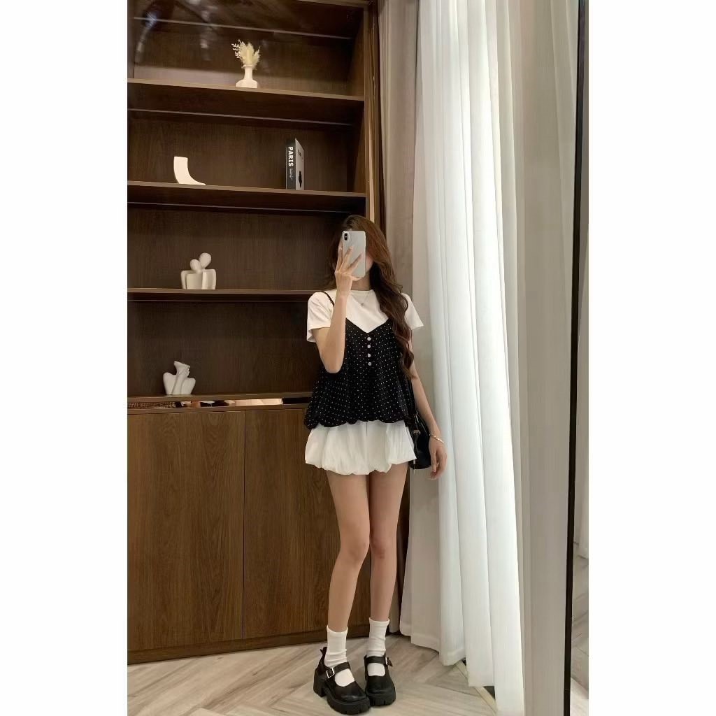 Set áo nữ 2 lớp áo thun tay bồng mix hai dây babydoll họa tiết chấm bi style Hàn Quốc dễ thương HCOM27218
