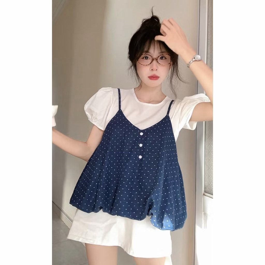 Set áo nữ 2 lớp áo thun tay bồng mix hai dây babydoll họa tiết chấm bi style Hàn Quốc dễ thương HCOM27218