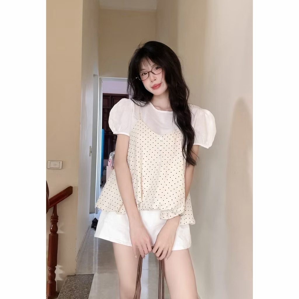 Set áo nữ 2 lớp áo thun tay bồng mix hai dây babydoll họa tiết chấm bi style Hàn Quốc dễ thương HCOM27218