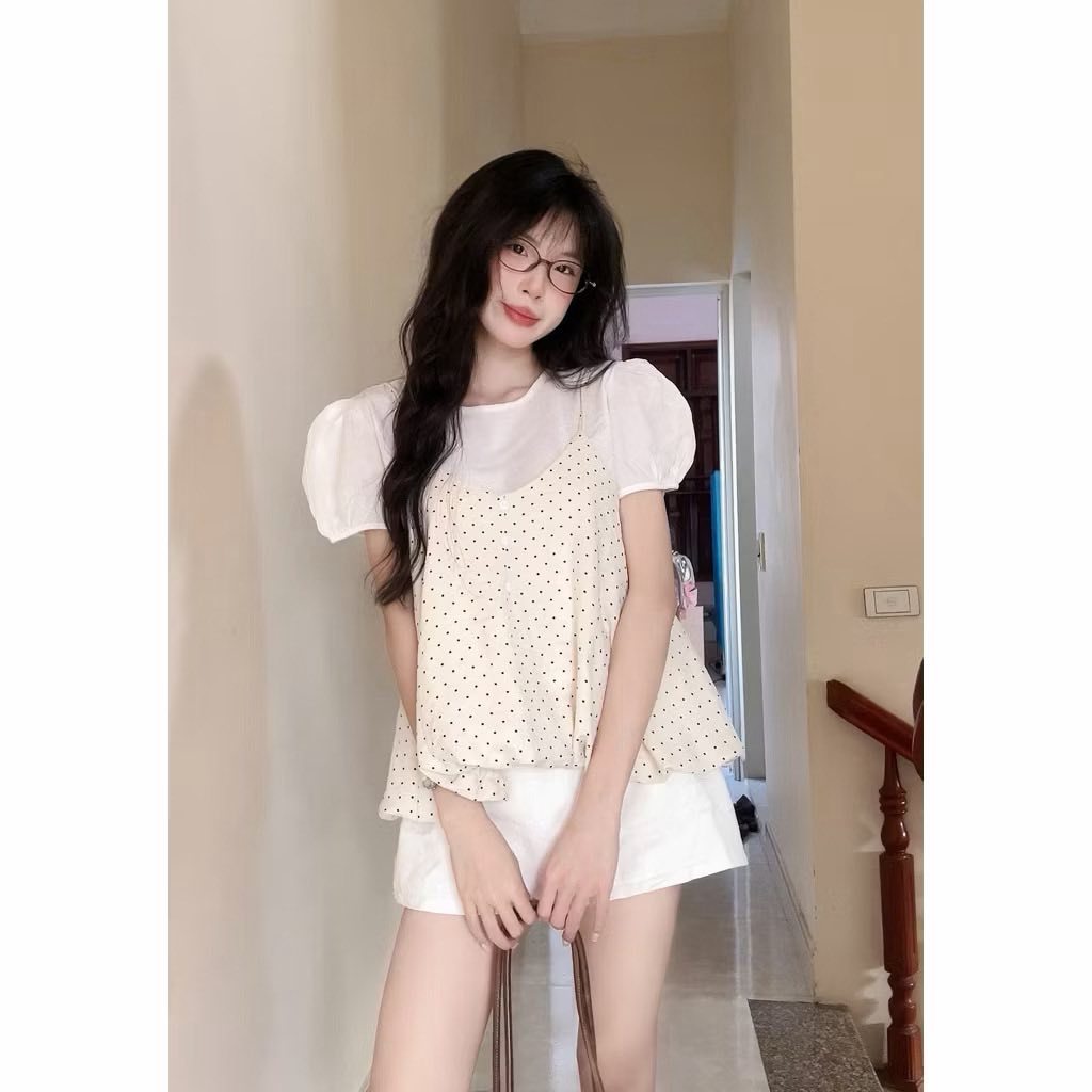 Set áo nữ 2 lớp áo thun tay bồng mix hai dây babydoll họa tiết chấm bi style Hàn Quốc dễ thương HCOM27218