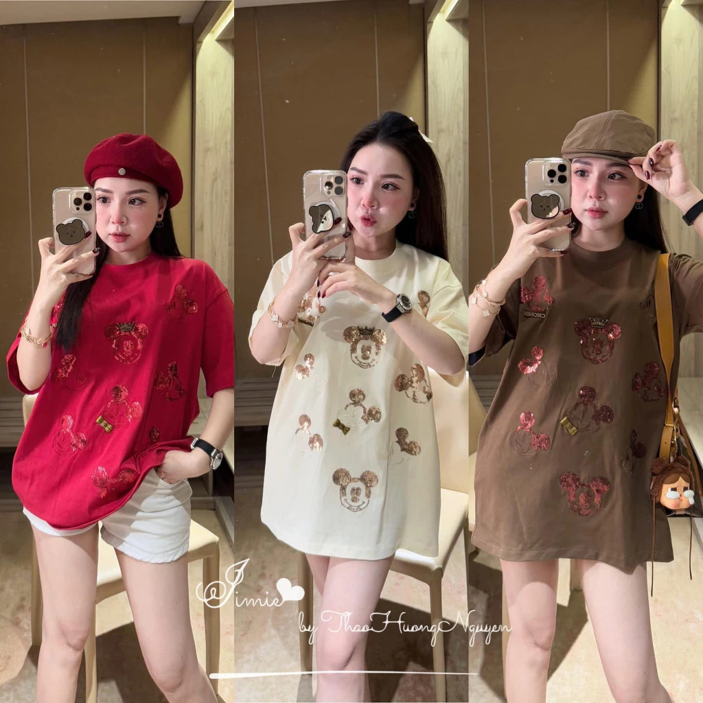 Áo thun nữ form rộng tay lỡ đính đá kim sa hình hoạt hình lấp lánh mốt giấu quần ulzzang HCOM25077
