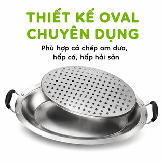 Khay Cá Chép Om Dưa Inox Kèm Rổ Hấp GD77 - Bộ Khay Cá Chép Om Dưa Inox Oval 50cm Có Lỗ Thoáng