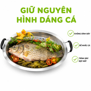 Khay Cá Chép Om Dưa Inox Kèm Rổ Hấp GD77 - Bộ Khay Cá Chép Om Dưa Inox Oval 50cm Có Lỗ Thoáng