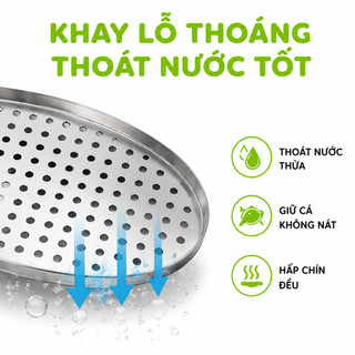 Khay Cá Chép Om Dưa Inox Kèm Rổ Hấp GD77 - Bộ Khay Cá Chép Om Dưa Inox Oval 50cm Có Lỗ Thoáng