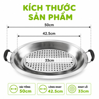 Khay Cá Chép Om Dưa Inox Kèm Rổ Hấp GD77 - Bộ Khay Cá Chép Om Dưa Inox Oval 50cm Có Lỗ Thoáng
