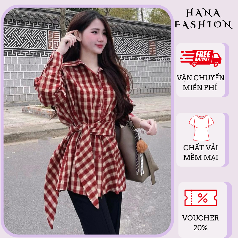 Áo sơ mi nữ kẻ caro đỏ thắt nơ eo buộc dây trước dáng dài tay phồng công sở dạo phố siêu xinh HCOM25109
