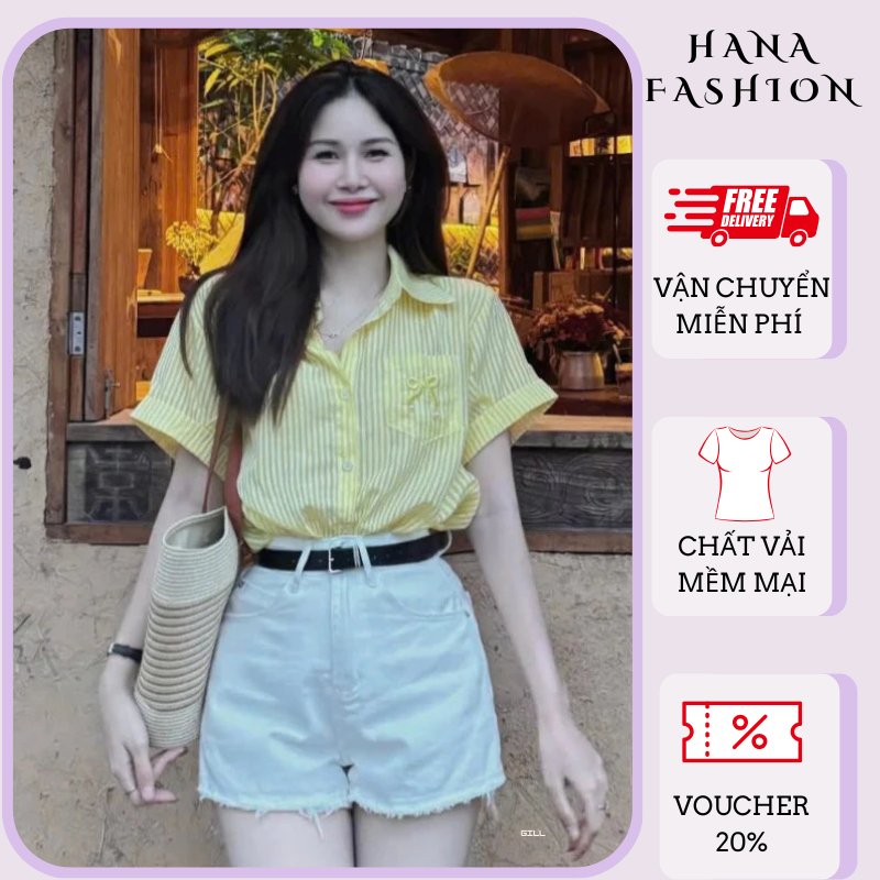 Áo sơ mi nữ kẻ sọc vàng cộc tay thêu nơ túi ngực phong cách Hàn Quốc dạo phố hè năng động HCOM25895