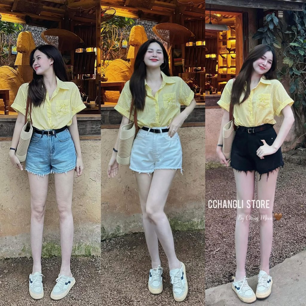 Áo sơ mi nữ kẻ sọc vàng cộc tay thêu nơ túi ngực phong cách Hàn Quốc dạo phố hè năng động HCOM25895
