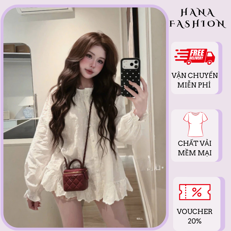 Áo kiểu nữ tay dài dáng babydoll thêu hoa đục lỗ màu trắng tiểu thư giấu quần Hàn Quốc mới HCOM27057