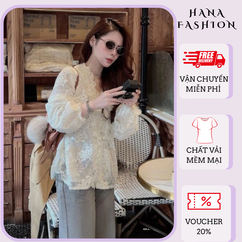 Áo ren nữ dáng dài tay cổ V viền bèo nhún họa tiết hoa thêu đục lỗ tiểu thư sang chảnh mới HCOM27087