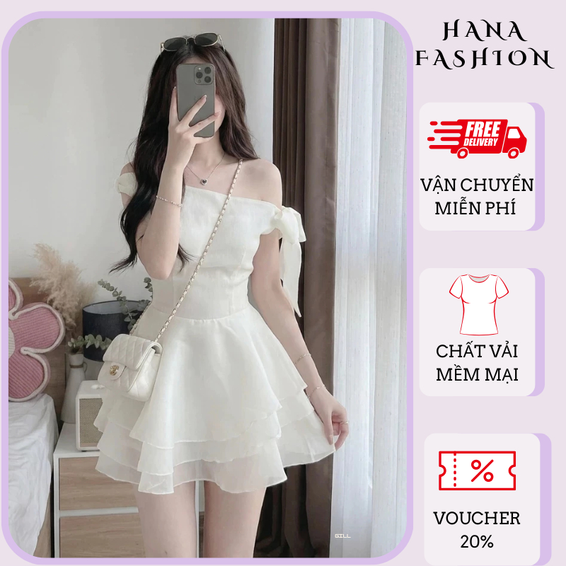 Váy trễ vai lệch một bên màu trắng đầm kiểu đi tiệc sinh nhật tinh khôi bồng bềnh hot trend HCOM25853
