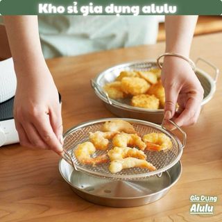 Khay Ráo Dầu Inox 304 Kèm Vỉ Lưới, Khay Hứng Dầu Nồi Chiên Không Dầu Chiên Rán Có Quai 20cm 22cm