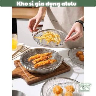 Khay Ráo Dầu Inox 304 Kèm Vỉ Lưới, Khay Hứng Dầu Nồi Chiên Không Dầu Chiên Rán Có Quai 20cm 22cm