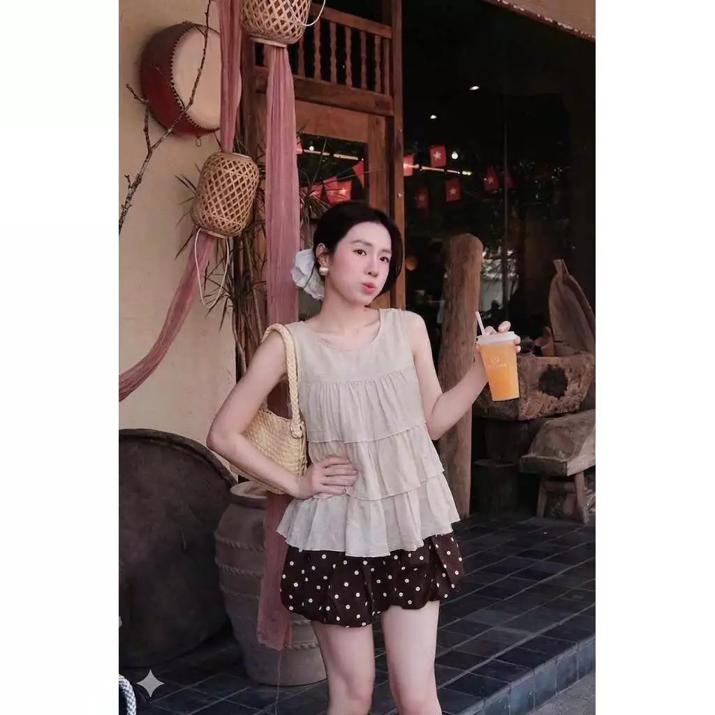 Áo đũi sát nách nữ dáng babydoll 3 tầng xòe rộng bồng bềnh che khuyết điểm bụng mỡ hè HCOM27715