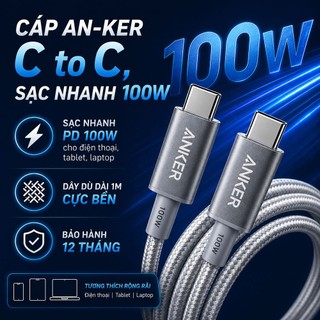 Cáp sạc Anker C to C, sạc nhanh PD 100W, bọc dù cao cấp, dài 1m, màu trắng, hàng No-box