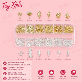 Hộp 12 Bộ Charm Biển Trang Trí Nail Cao Cấp - Charm Kim Loại Mạ Vàng/Bạc Đính Móng Tay 3D Phụ Kiện Nail Art Tay Xinh