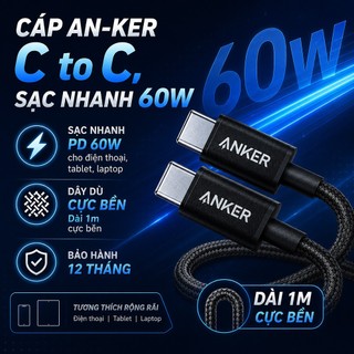 Cáp sạc Anker C to C, sạc nhanh PD 60W, bọc dù cao cấp, dài 1m, màu đen, hàng No-box