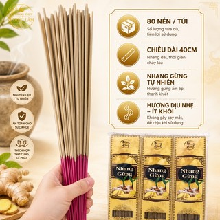 Nhang Gừng Thiên Nhiên Cuộn Tàn 80 Nén 40cm - Hương Gừng Thơm Dịu, Ít Khói, Thơm Phòng, Thờ Cúng