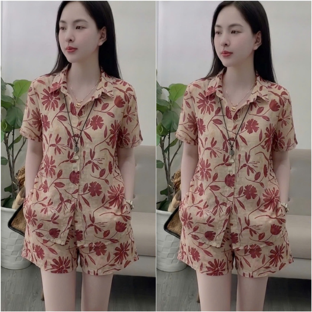 HT42. Sét bộ sơ mi hoa chất tơ hàng đẹp. Sét đi biển đủ size 40-70kg vừa. Chất liệu tơ mềm nhẹ mát hạn chế nhăn