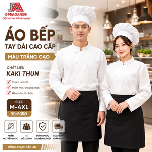 Áo Bếp Tay Dài Cao Cấp Trắng Gạo Kaki Thun Cho Đầu Bếp Nhà Hàng Quán Ăn - Nhận In Thêu Logo, Sỉ Số Lượng