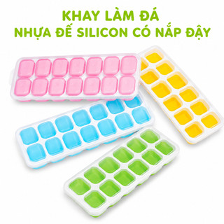 Set 2 Khay Làm Đá 14 Viên Đế Silicon Có Nắp Đạy GD125 - Khuôn Nhựa Làm Đá Viên Kem Đáy Silicon