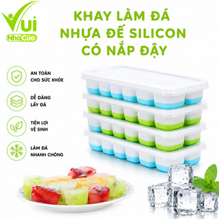 Set 2 Khay Làm Đá 14 Viên Đế Silicon Có Nắp Đạy GD125 - Khuôn Nhựa Làm Đá Viên Kem Đáy Silicon