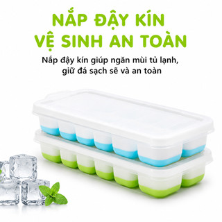 Set 2 Khay Làm Đá 14 Viên Đế Silicon Có Nắp Đạy GD125 - Khuôn Nhựa Làm Đá Viên Kem Đáy Silicon