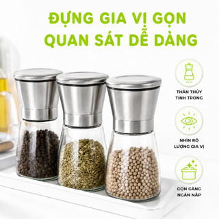 Lọ Xay Tiêu Cầm Tay Thủy Tinh Nắp Inox GD134 - Dụng Cụ Xay Hạt Tiêu Thủy Tinh Cầm Tay GD135