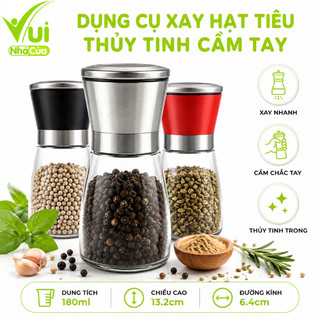 Lọ Xay Tiêu Cầm Tay Thủy Tinh Nắp Inox GD134 - Dụng Cụ Xay Hạt Tiêu Thủy Tinh Cầm Tay GD135