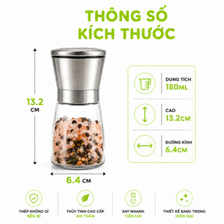 Lọ Xay Tiêu Cầm Tay Thủy Tinh Nắp Inox GD134 - Dụng Cụ Xay Hạt Tiêu Thủy Tinh Cầm Tay GD135