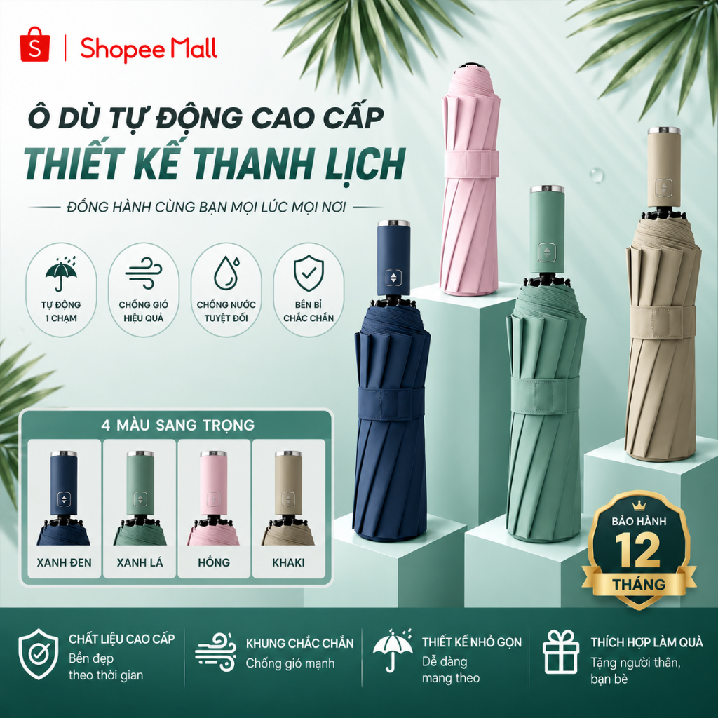 Ô dù che mưa che nắng PTLUXURY 10 nan đóng mở tự động gấp nhỏ gọn [ HÀNG LOẠI 1 ]