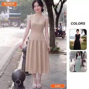 Đầm thiết kế BEMINE cổ tròn sát nách xẻ giọt nước dáng chữ A phù hợp đi chơi-B566
