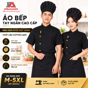 Áo Bếp Tay Ngắn Cotton Lạnh Đen Nút Vàng Cao Cấp Cho Đầu Bếp Nhà Hàng Quán Ăn - Nhận In Thêu Logo, Sỉ Số Lượng