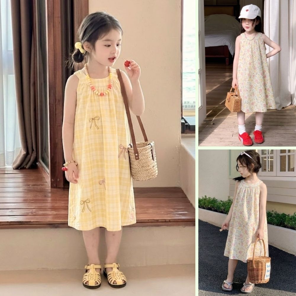 Váy Yếm Bé Gái, Váy Thiết Kế Cổ Yếm Họa Tiết Dễ Thương Chất Liệu Cotton Mềm Mại Mặc Hàng Ngày