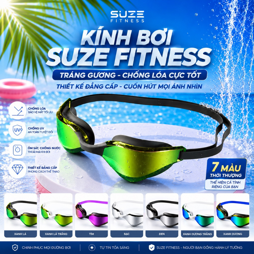 Kính bơi tráng gương SUZE FITNESS chống lóa, chống nước và sương mờ tốt, kính bơi PEISO tráng gương thiết kế thời thượng
