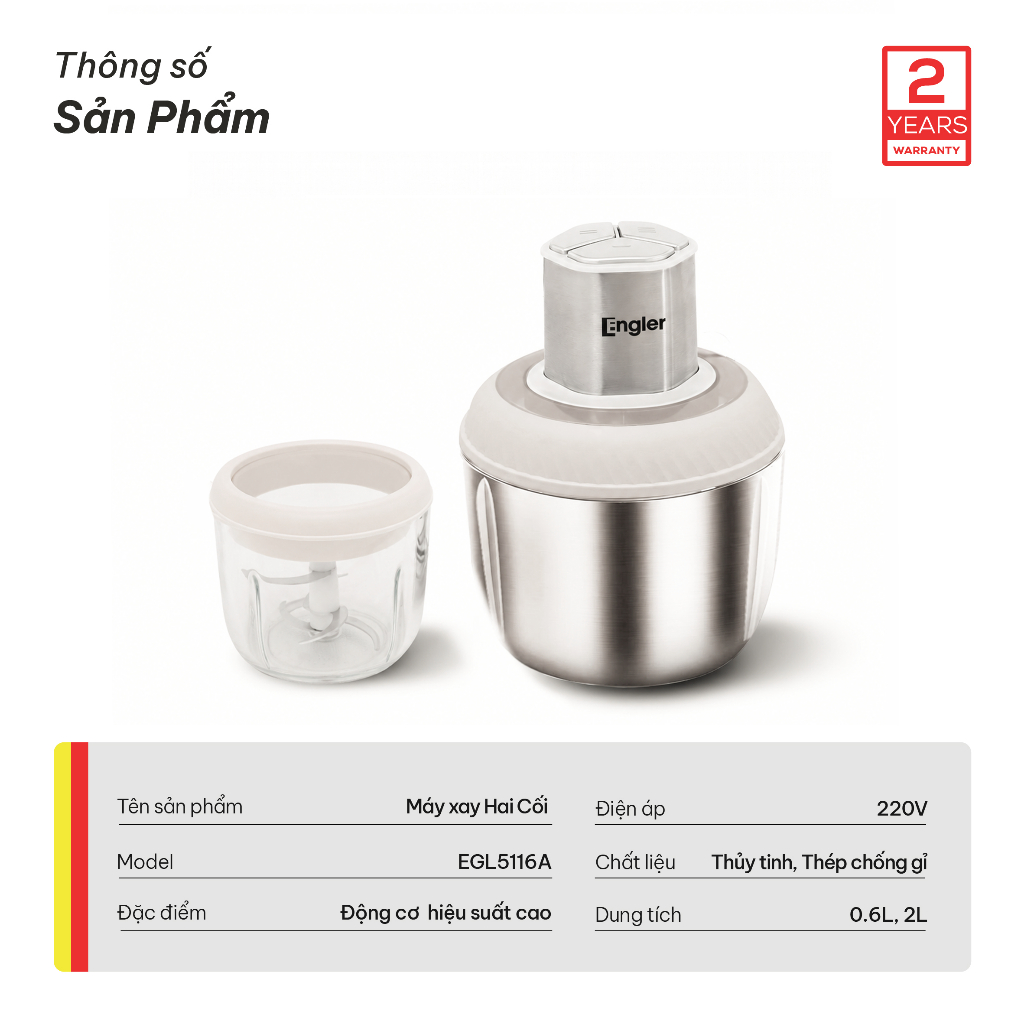 Máy Xay Engler 2 Cối EGL5116A Inox & Thủy Tinh Công Suất 500W, Xay Thực Phẩm Nhuyễn Mịn, Nhanh Gọn
