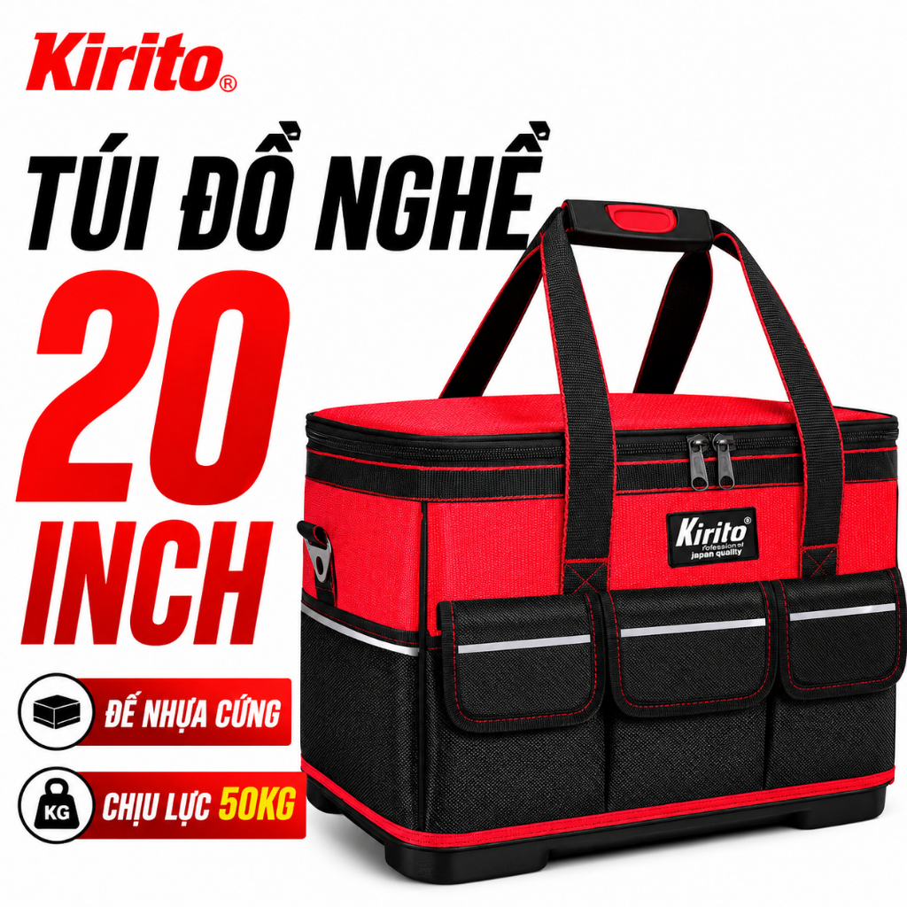 Túi Đựng Dụng Cụ KIRITO Vải Dày 600D – Chống Thấm, Đế Chịu Lực, Đựng Đồ Nghề Cơ Khí, Điện Màu Đỏ