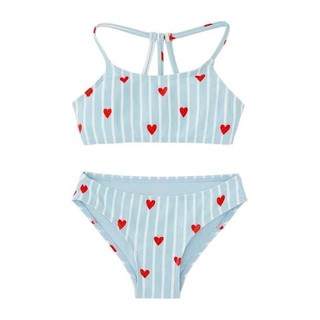 Bộ đồ bơi 2 mảnh cho bé họa tiết tim đỏ sọc xanh pastel, áo dây đan lưng Y co giãn mềm mại hàng VNXK