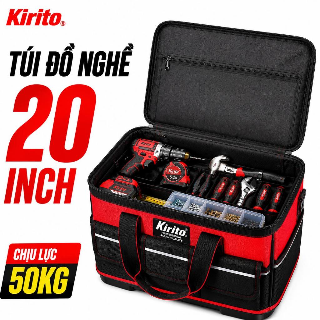 Túi Đựng Dụng Cụ KIRITO Vải Dày 600D – Chống Thấm, Đế Chịu Lực, Đựng Đồ Nghề Cơ Khí, Điện Màu Đỏ